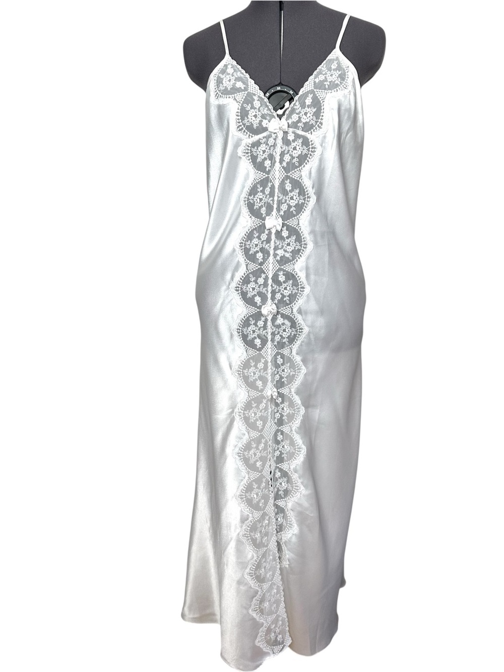 Vintage Feminine White Satin Sheer Lace Bow Maxi Slip Dress Romantic Fairycore